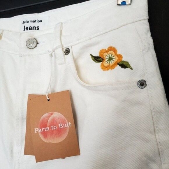 Reformation Cynthia High Rise Straight Jeans White Flora Embroidery NWT - Picture 14 of 14